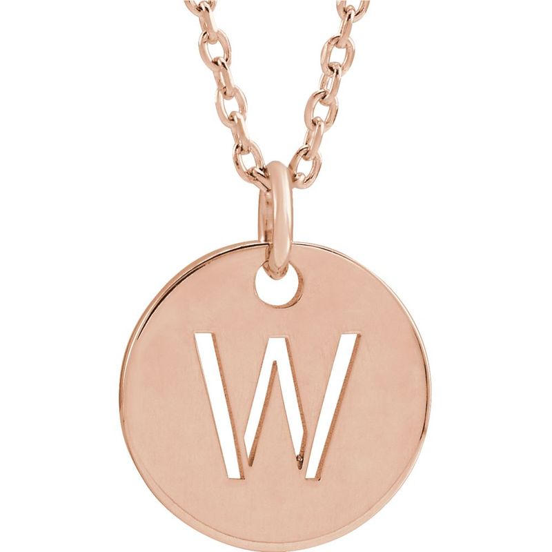 14k Rose Gold Initial W, Small 10mm Pierced Disc Necklace, 16-18 Inch